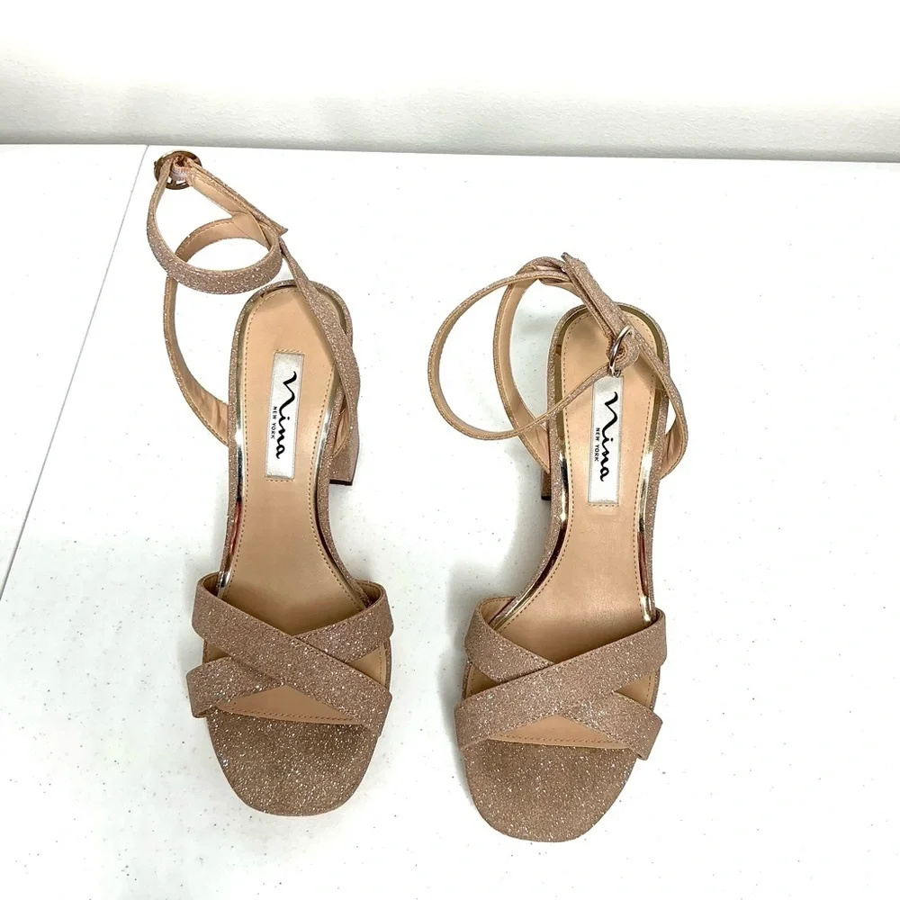 Nina Sheila Ankle Strap Platform Sandal Women Sz 7 Gold Sparkle Glam Wedding
